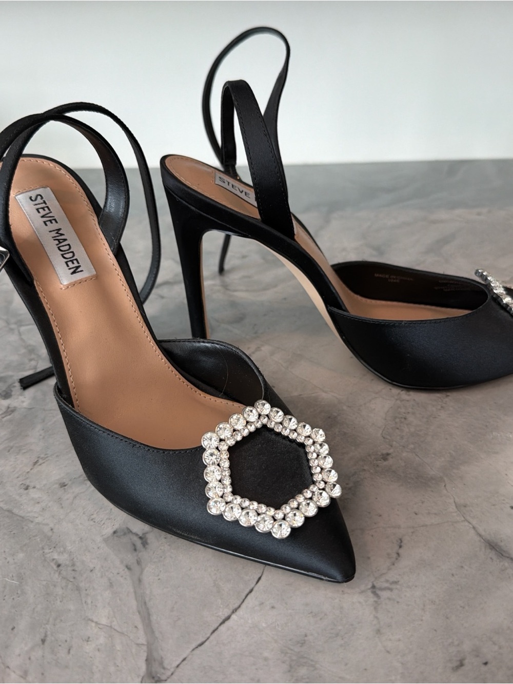 Steve Madden Black Satin Pointed Slingback Heels with Crystal Buckle